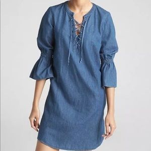 Gap Bell-Sleeve Lace-Up Denim Dress, sz S Small